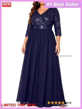 Plus Size Formal Maxi Dress V Neck 3/4 Sleeve Sequin Prom Evening Gown